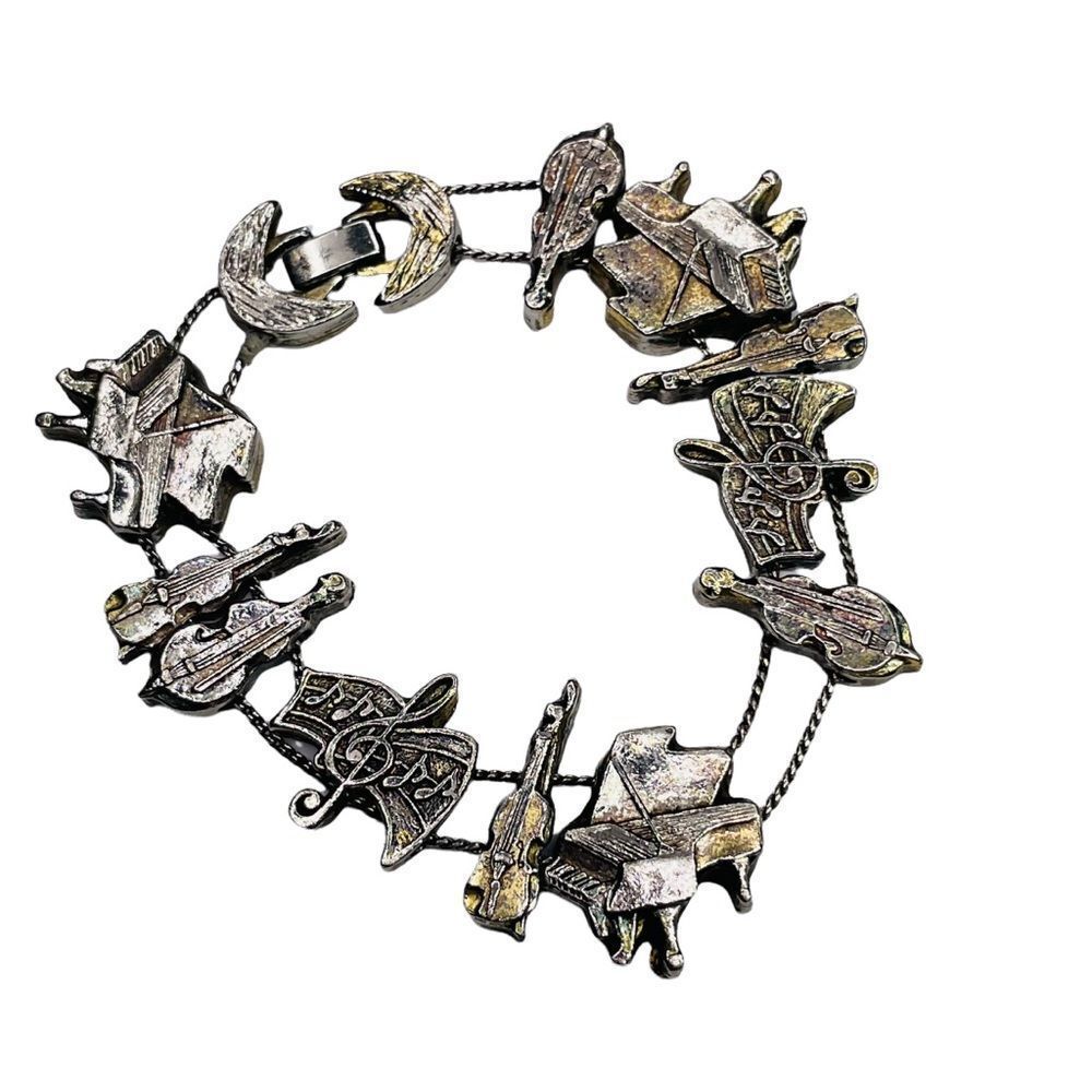 Vintage Music Theme Antiqued Gold Tone Slider Charm Bracelet